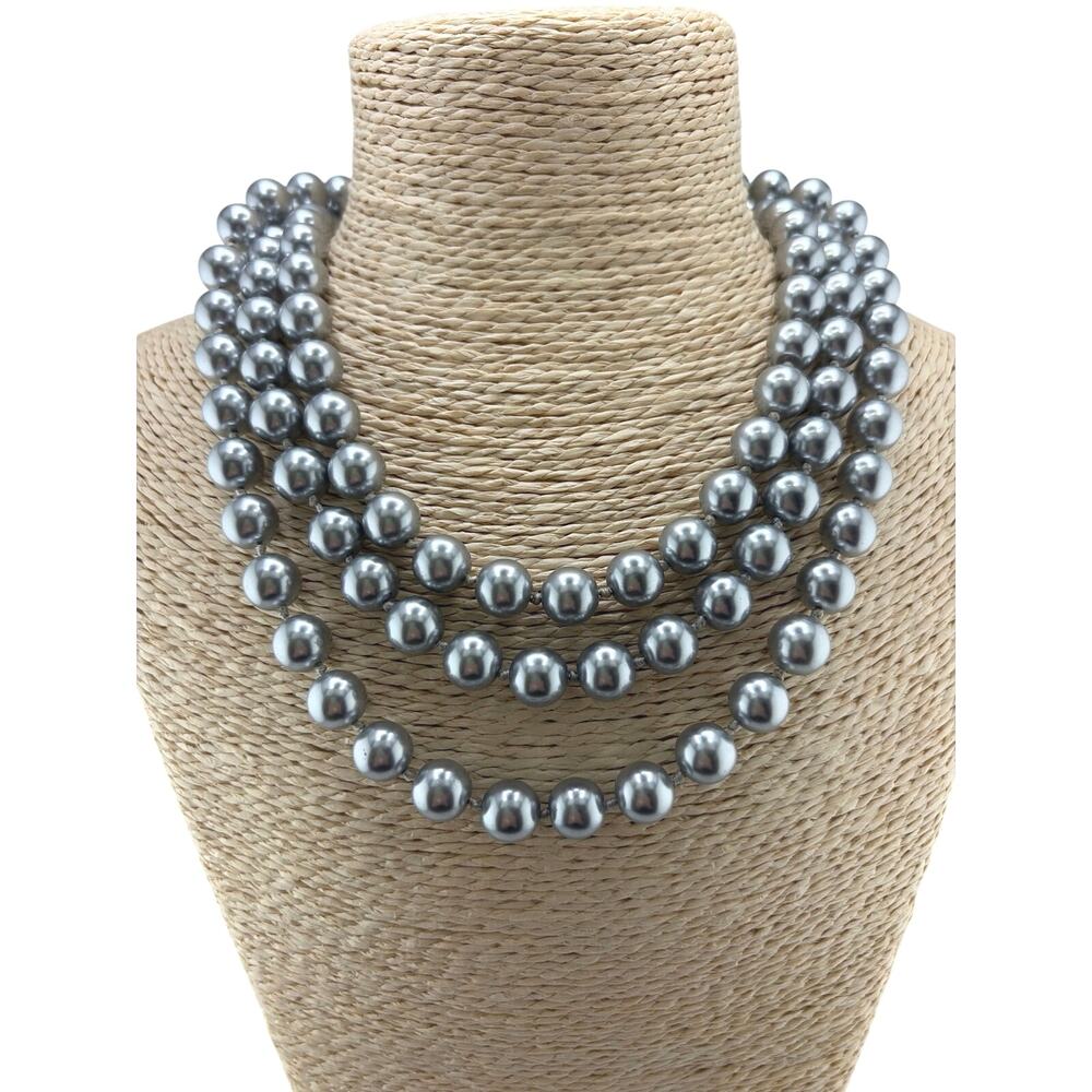 Vintage Carolee Signed Multi-Strand Gray Fux Pearl Crystal Floral Clasp Necklace